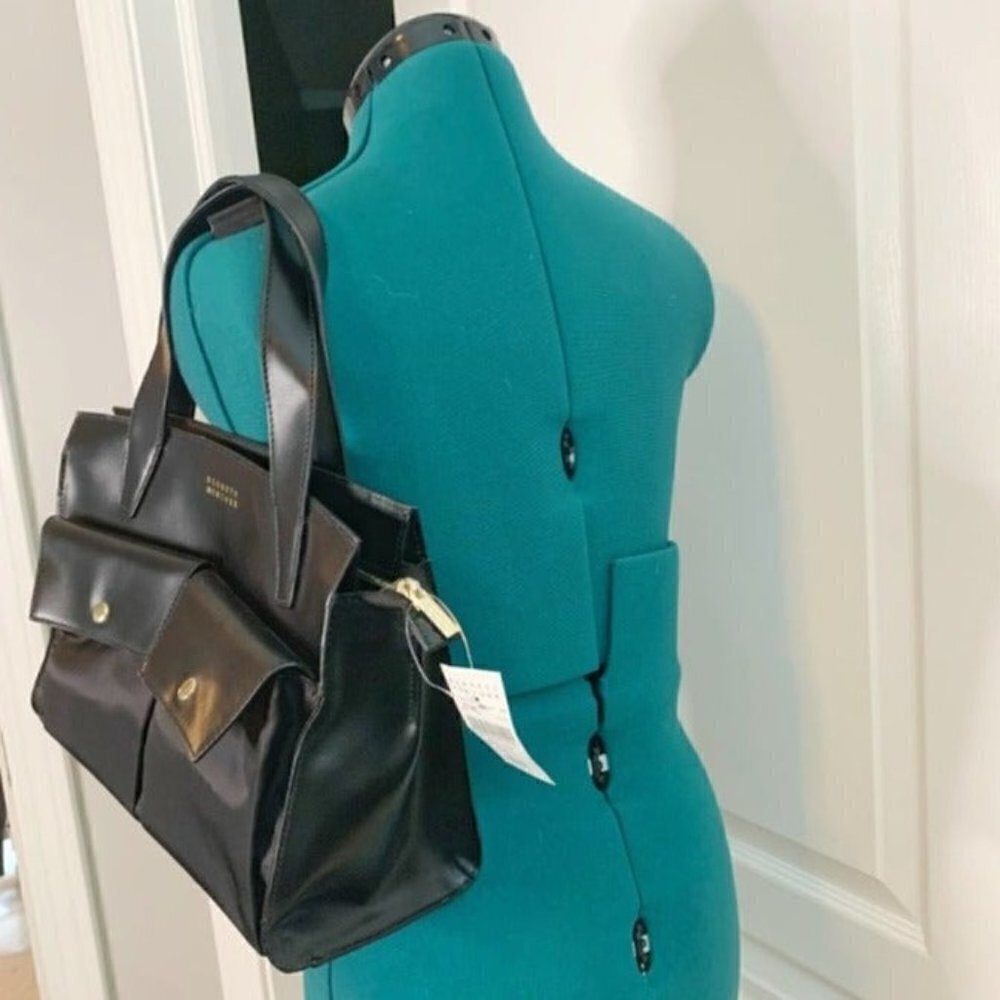 Barney's New York NWT Black Leather Pocket Tote Purse - Picture 11 of 12